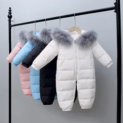 2024 Winter Baby Boy Down Jumpsuit Real Raccoon Fur Hooded Baby Girl Snowsuit Toddler Boy Winter Romper Infant Overalls Outfit