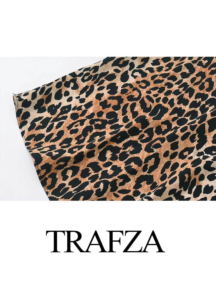 TRAFZA Women 2 Piece Set Vintage Leopard Printed Sexy V Neck Sleeveless Sling Top+Summer High Waisted Zipper Long Skirt Mujer