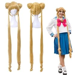 Harajuku Sailor Moon Tsukino Usagi Two Ponytails Buns Bangs Long Blonde Wavy Cosplay Full Wig