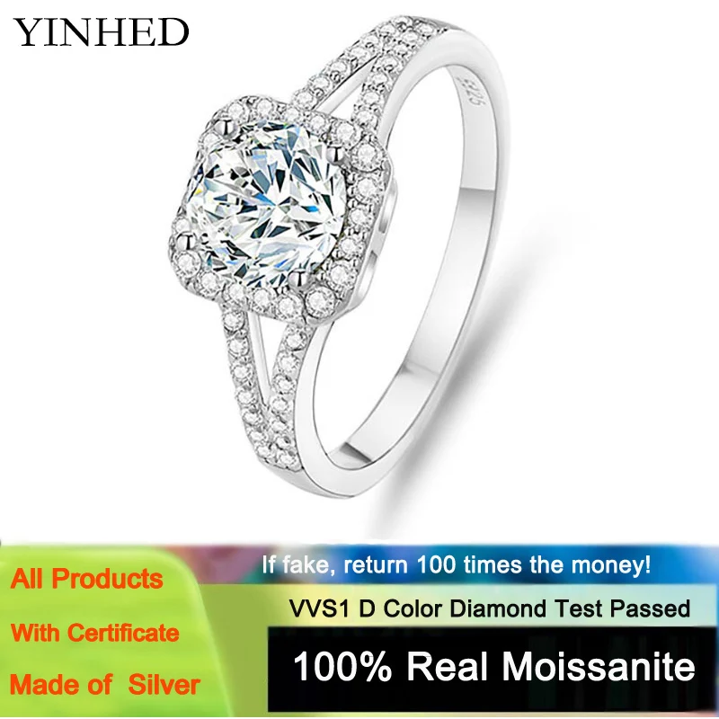 

YINHED Original 925 Sterling Silver 1 Carat Moissanite Square Ring for Women Bague Full White Loose Diamond Wedding Jewelry