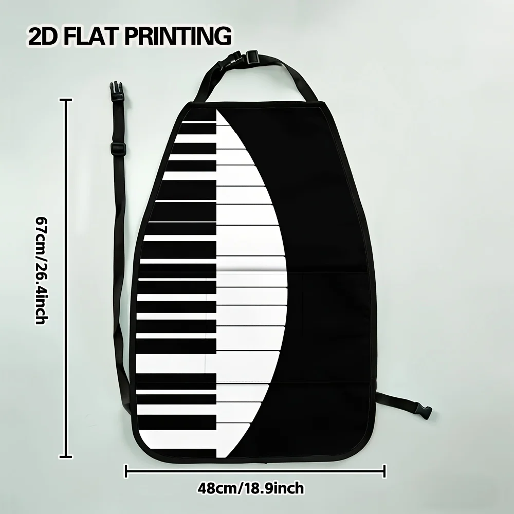 2D Flat, 2pcs Minimalist Piano Keys Pattern Adjustable Car Kick Mats And Car Seat Back Organizer, Foldable Elastic Band Pockets,