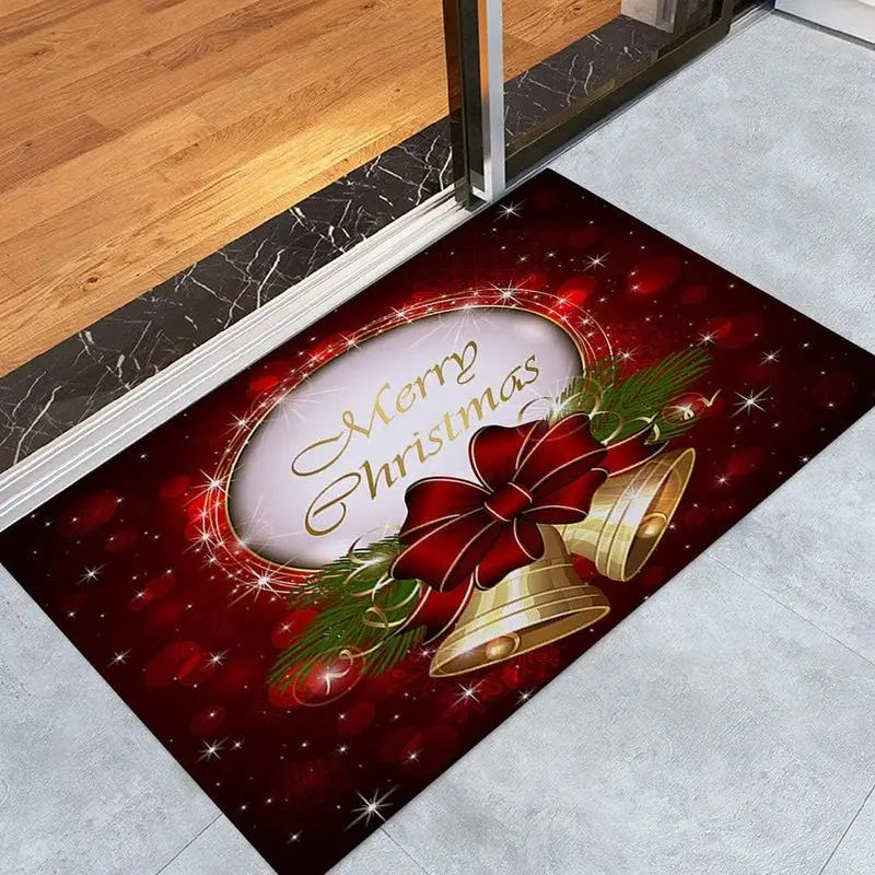 VIKAMA Christmas Entrance Door Mat Santa Reindeer Snowy Pine Branch Bauble Print Non Slip Mat For Front Door Porch Xmas Decor