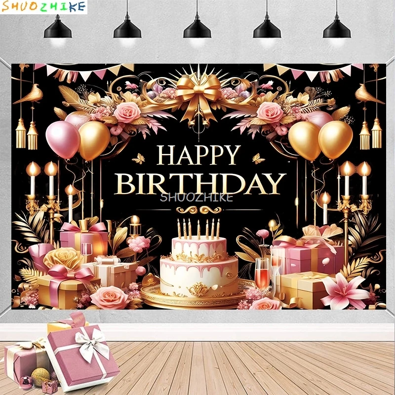 

3D Black Gold Glitter Celebration Happy Birthday Background Balloon Party Decor Gifts Boy Girl Adult Photography Backdrops ZZ-01