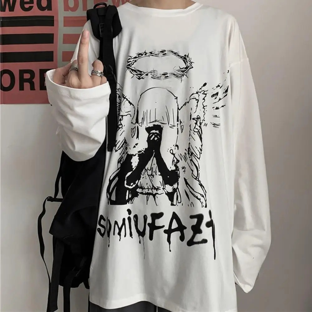 Men T-shirt Gothic Vintage Print Loose Fit Long Sleeve Round Neck Pullover Streetwear Soft Fabric Male Tee Top Bottoming Blouse