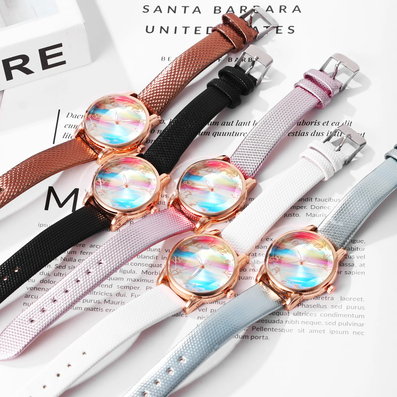 LANCARDO-reloj bohemio colorido para mujer, correa de cuero con esfera de arcoíris, reloj de cuarzo de Color sirena, reloj exquisito de moda