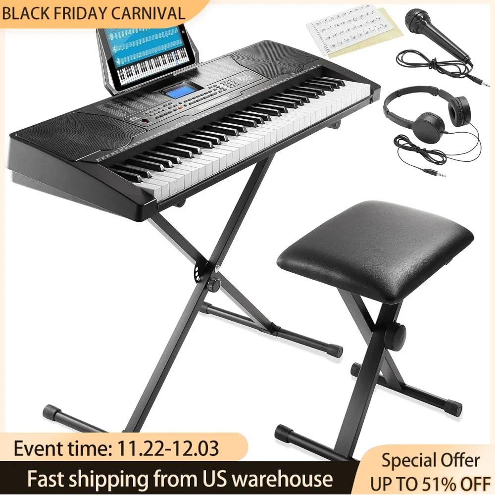 61-Key Digital Electronic Keyboard Piano with Full-Size Keys for Beginners, Includes Stand, Bench, Headphones, Keynote Stickers