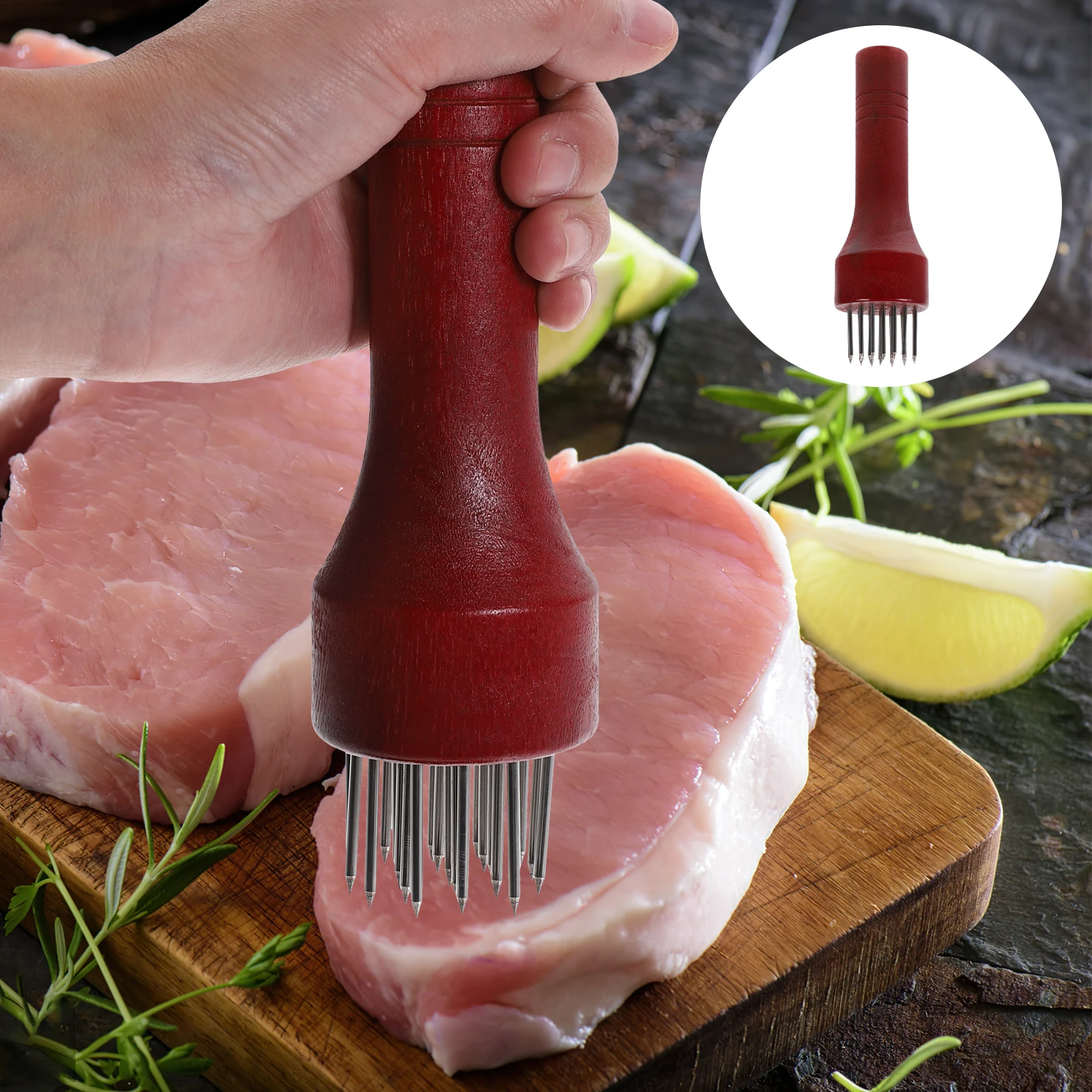 

Stainless Steel Meat Tenderizer Wooden Handle Kitchen Hammer for Beef Pork Turkey Needles Pork Needle Kitchen