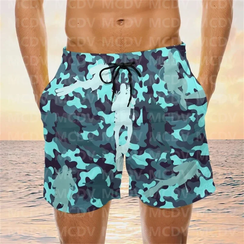 Scuba Diving Camo Board Shorts, Scuba Dive Men\'s Swim Trunks Board Short, Men\'s Swimwear Dive Shorts