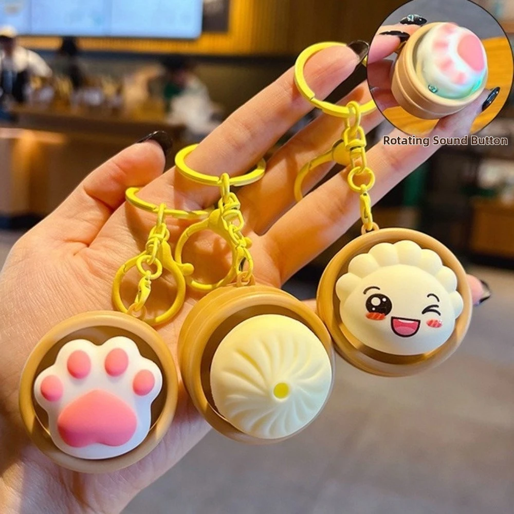 Light-up Press Keyboard Keychain Rotational Sound Generation Cartoon Steamed Bun Keyring Relaxed Simulation
