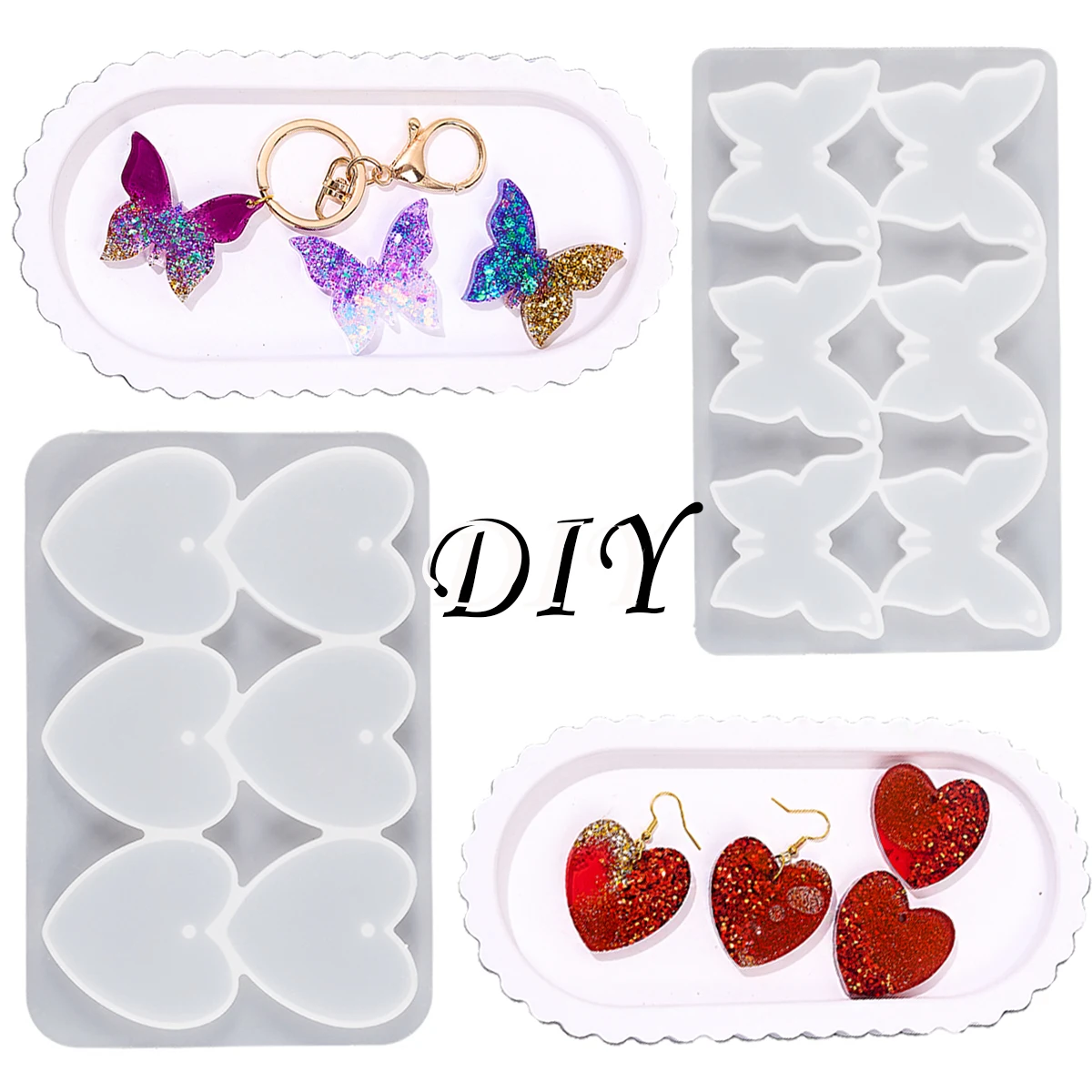 Heart Butterfly Shape Earring Pendant Silicone Mold DIY Creative 6 Holes Keychain Uv Epoxy Resin Mold Jewelry Making Accessories