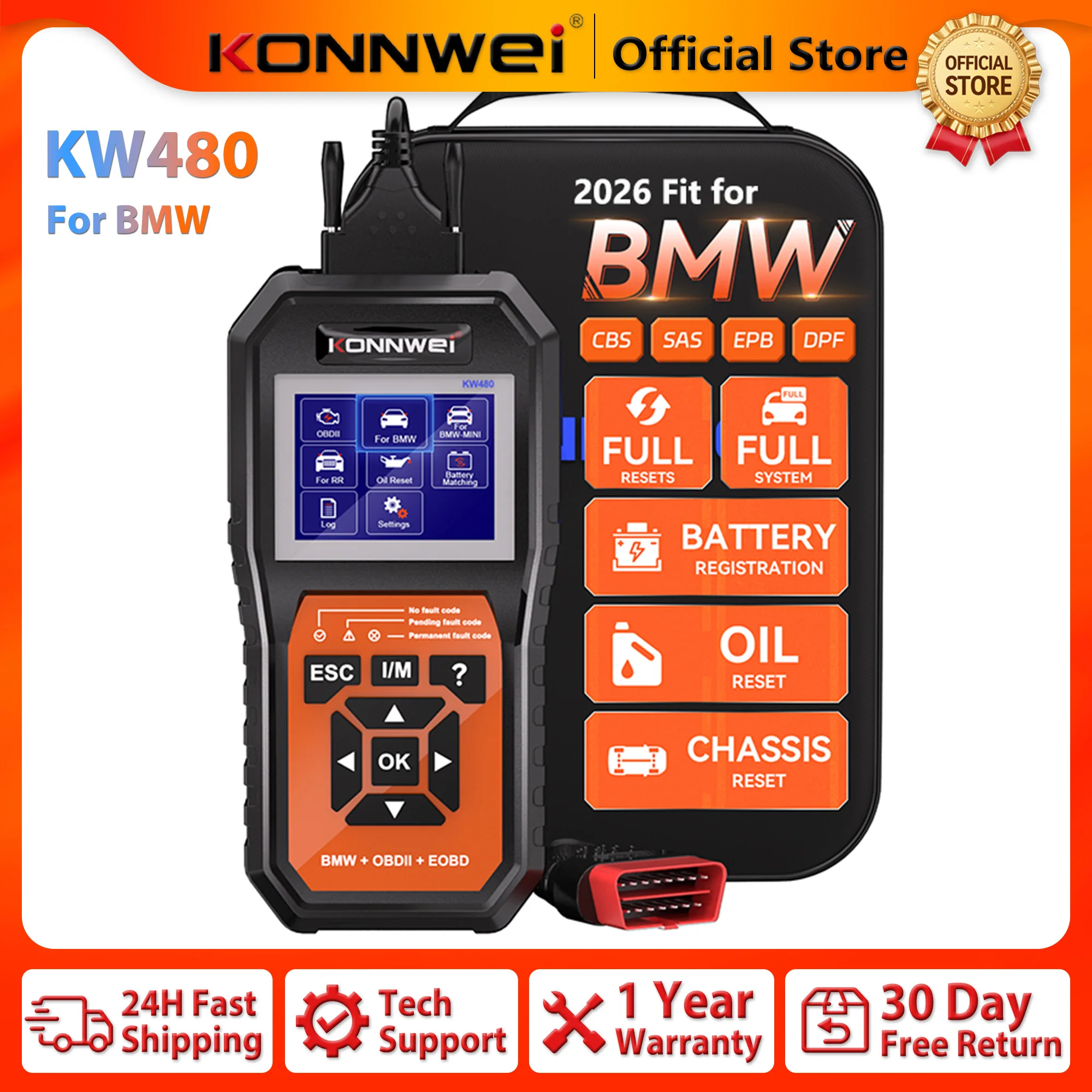 2026 KONNWEI KW480 Full System Diagnostic Scanner Car OBD2 Oil Reset Airbag DPF ABS SAS ECM TPMS EPB Diagnostic Tool for BMW DIY