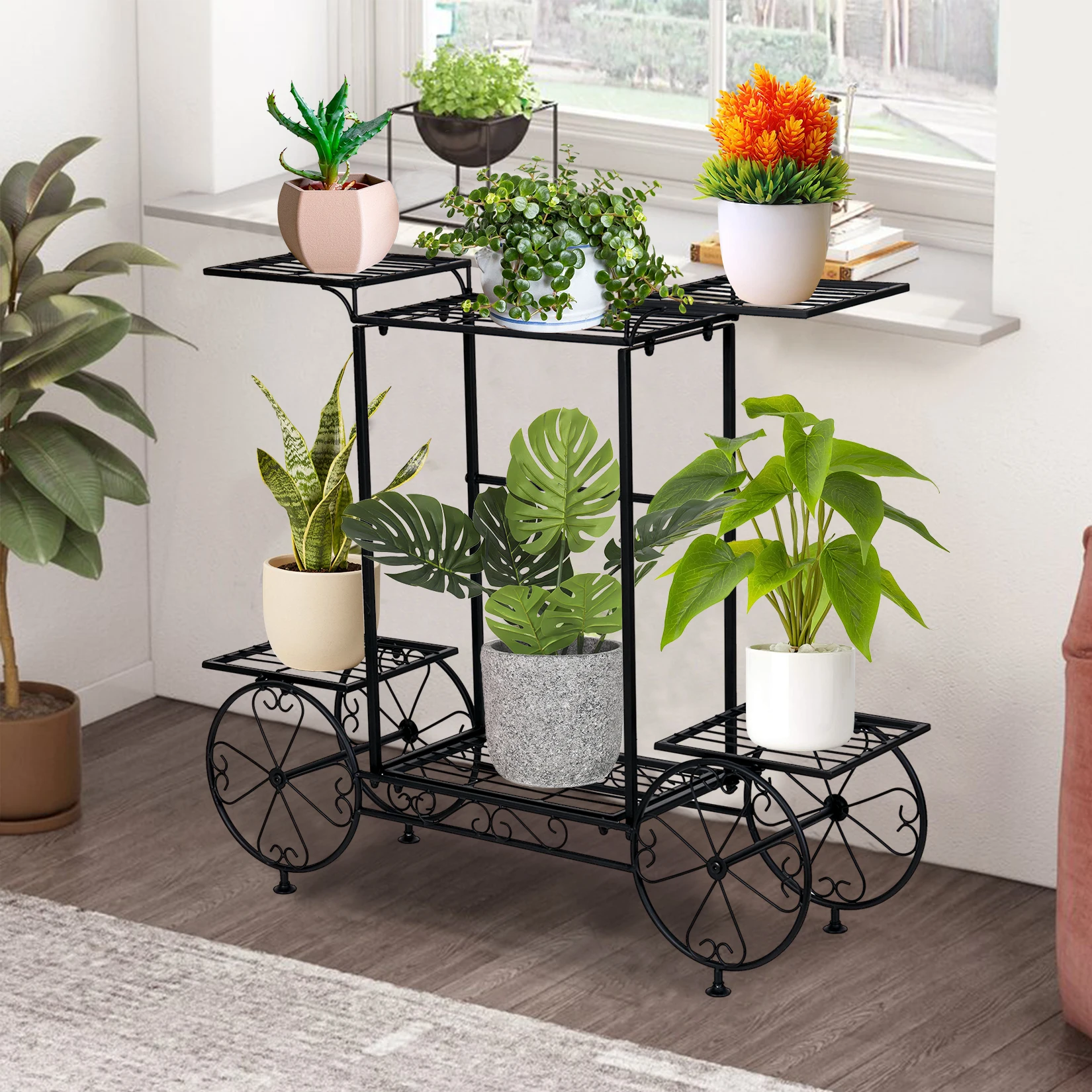 

Large Metal Plant Stand Indoor 6 Tier Garden Cart Plant Holder Wrought Iron Plants Display Shelf Rack Outdoor Decorating Garden