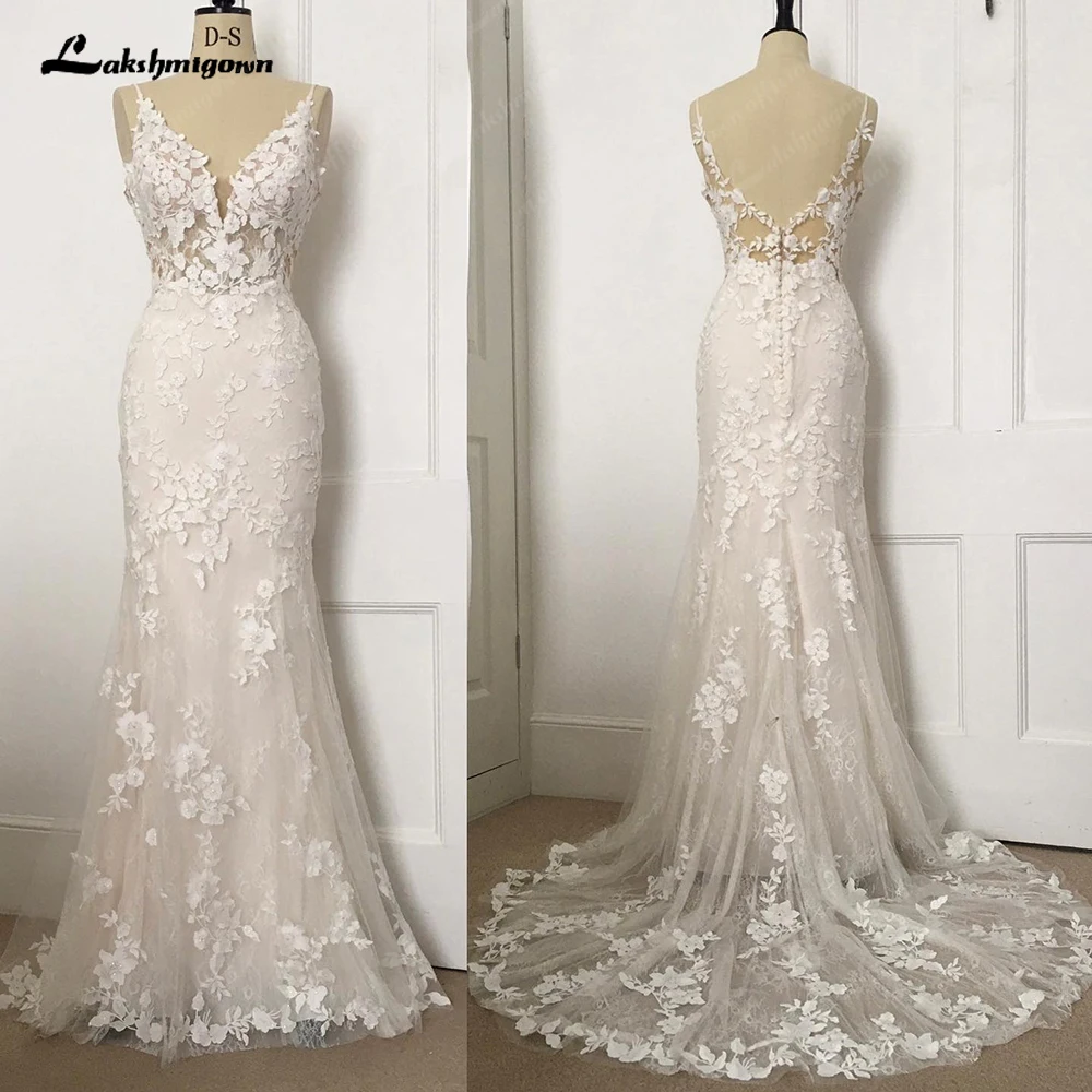 

Lakshmigown Boho Lace Mermaid Wedding Gowns 2024 Hochzeitskleider Crepe Satin Sexy Beach Bridal Dresses Lace Appliques