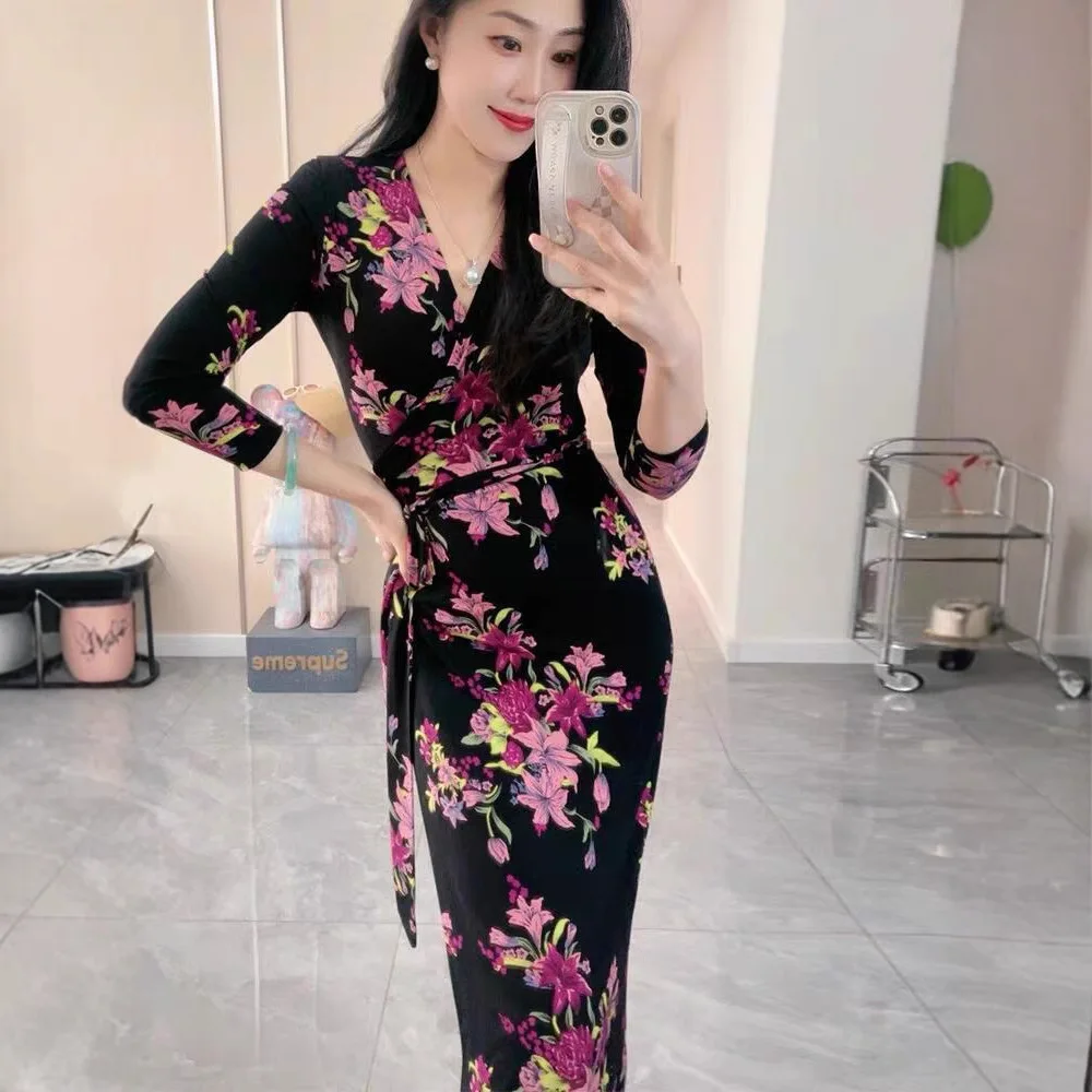 

Romantic Slimming Wrap Dr Summer Ele Bla Lilies Floral Print One-Piece Long Skirt High Waist Vintage Sle Women's D...