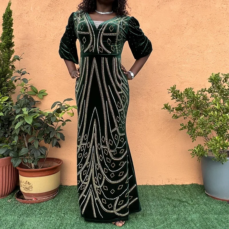 African Fashion Velvet Evening Dresses For Women Luxury Noble Temperament Diamond Long Dress Turkey Ladies Wedding Party Outfits