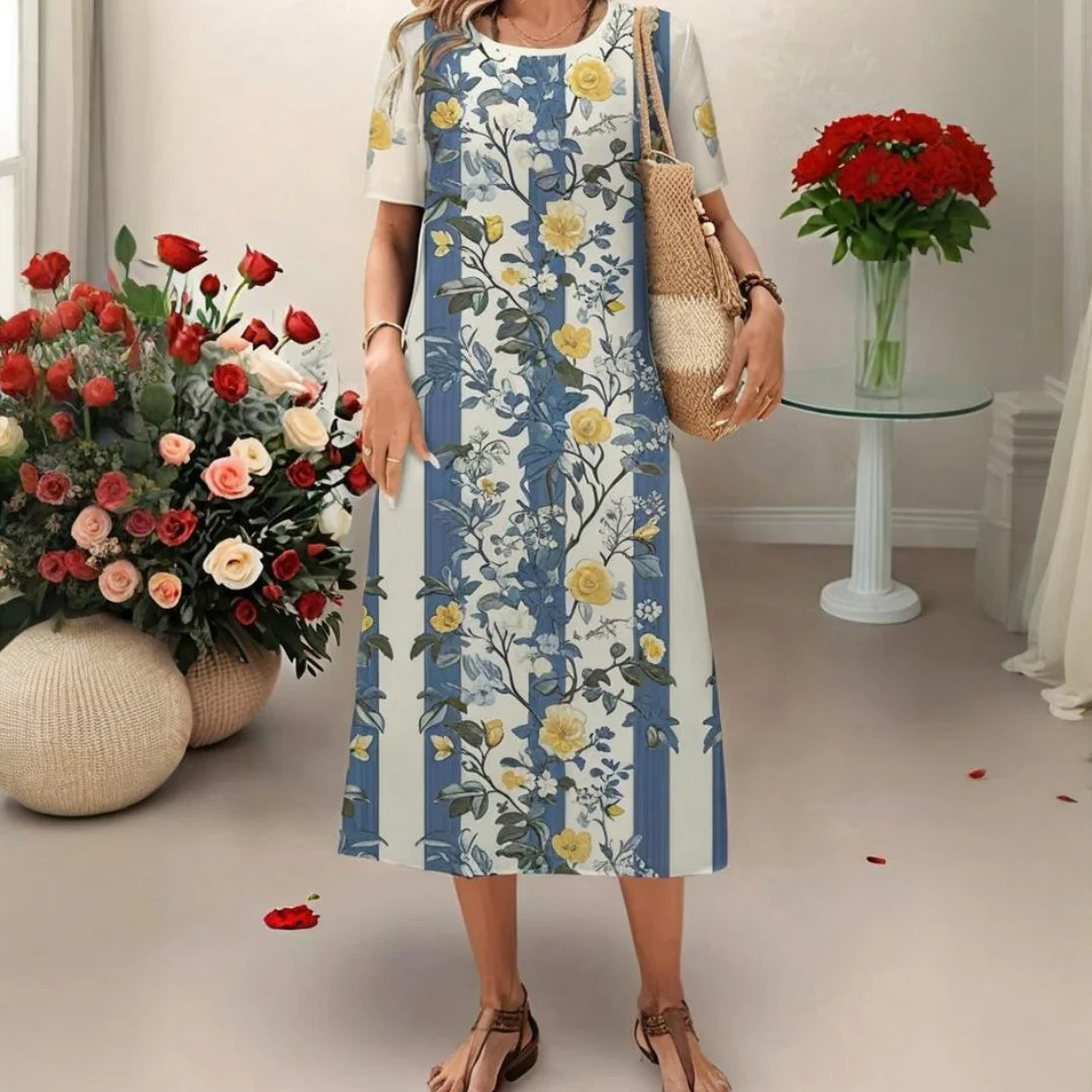 2025, neue Damenkleider, zerkleinerter Blumendruck, elegante ästhetische Midi-Kleider, Sommer, Übergröße, Damenbekleidung