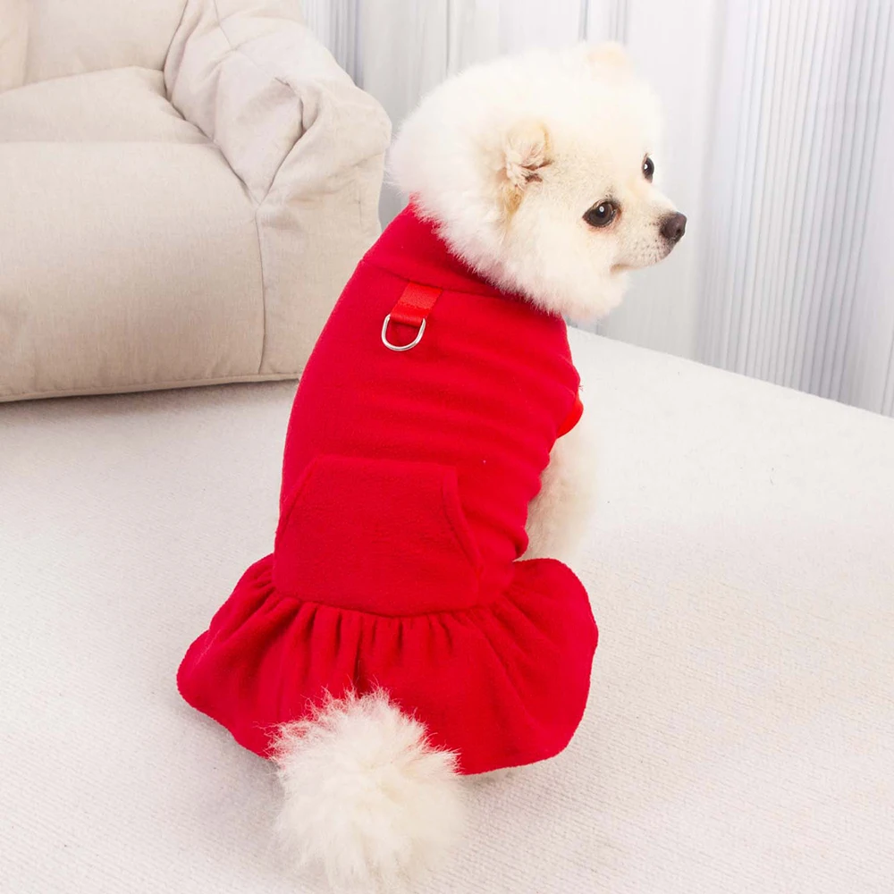 Pure Color Cute Traction Dog Skirt Antumn Winter Warm Pet Clothes High Collar Pullover Puppy Princess Dress For Small Dogs