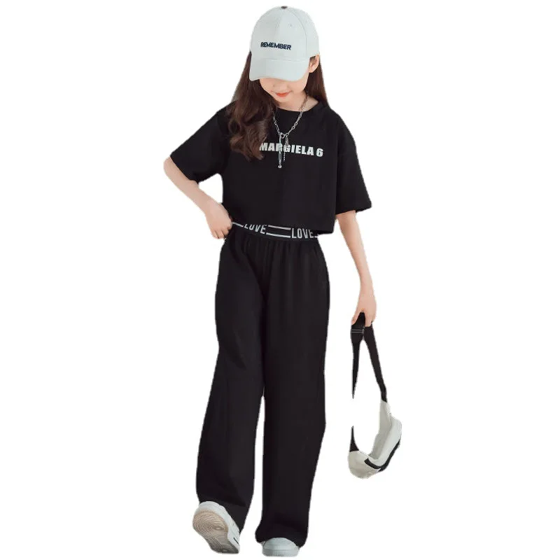 2025 summer Kids tracksuit Children Girls Clothes letter crop top T-Shirt + wide leg Pants Suit Teenager 6 7 8 to 10 11 12 year