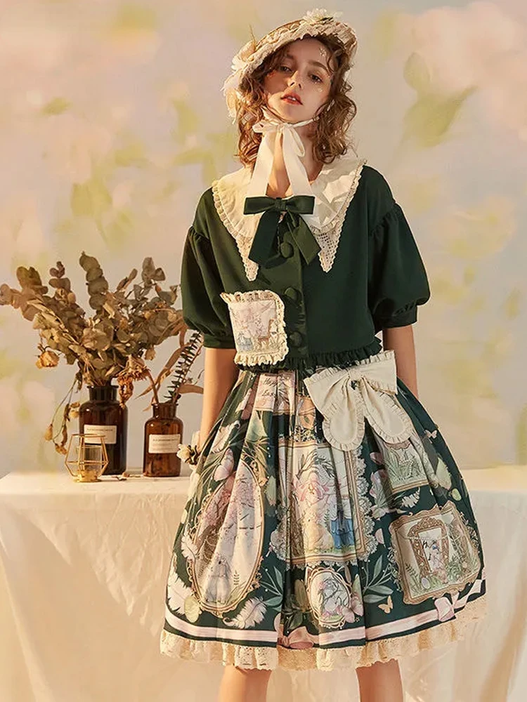 

MAGOGO 2PCS Lolita Suit Sweet Cute For Girls Green Jacket+ Flower Skirt Set Soft Sisters Daily Party Clothes