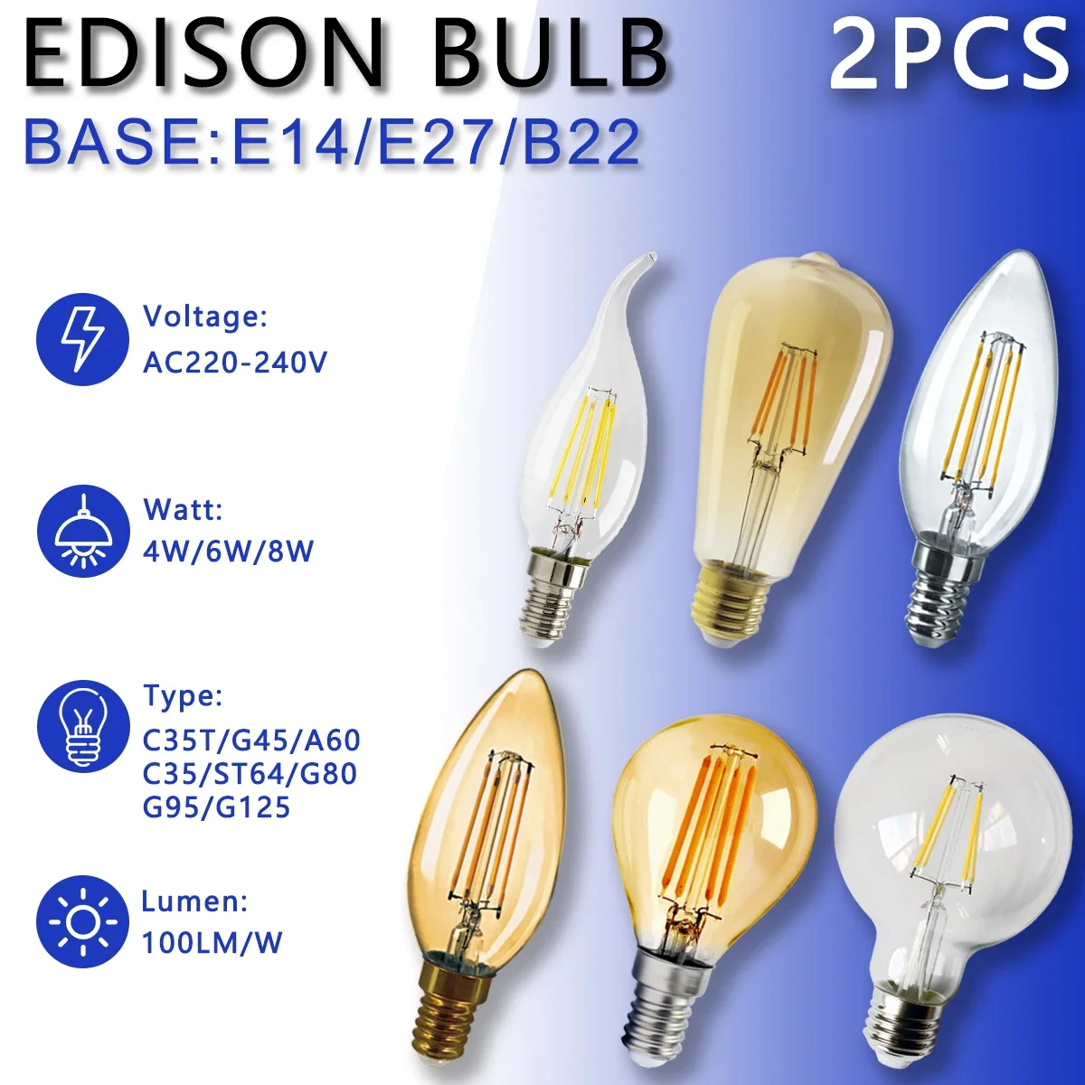 220V Retro Żarówka LED C37 A60 C35 G125 ST64 Edison Żarówka 6W E27 B22 E14 Vintage Ciepła Szklana Lampa Oświetlenie do wnętrz