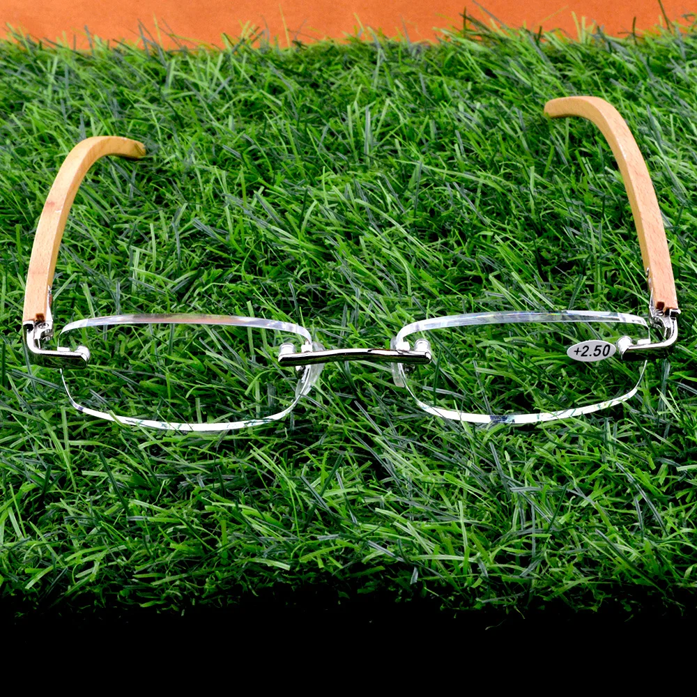 Natural Bamboo Wood Temples Frame Anti-fatigue Resin Rimless Reading Glasses +0.75 +1 +1.25 +1.5 +1.75 +2 To +4