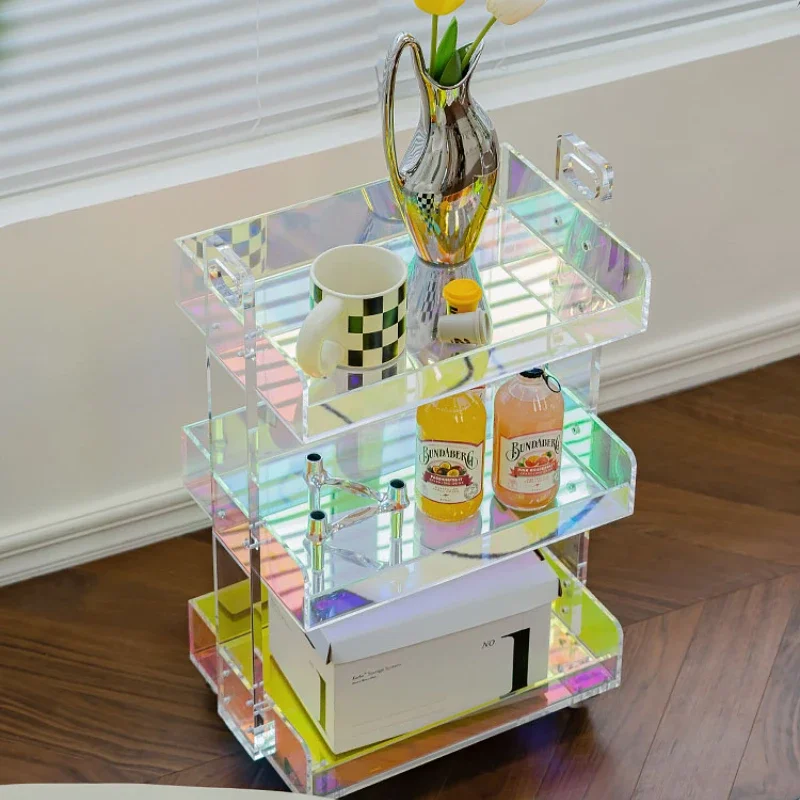 4-Layer Luxury Acrylic Living Room Sofa Side Coffe Table Furniture Transparent Rainbow Mobile Tea Table Trolley Storage Cabinet