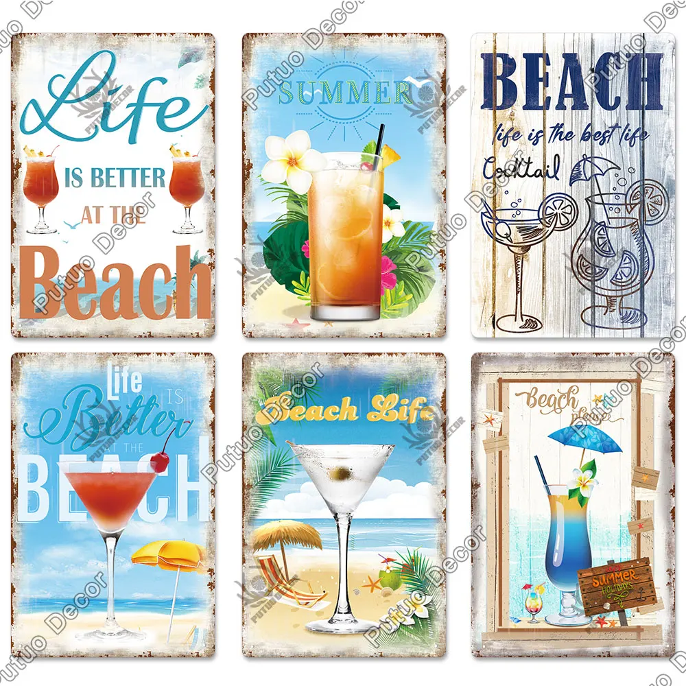 Putuo Decor Summer Beach Vintage Plaque Metal Cocktail Tin Sign Wall Art Decoration Bar Pub Seaside Room House Iron Painting