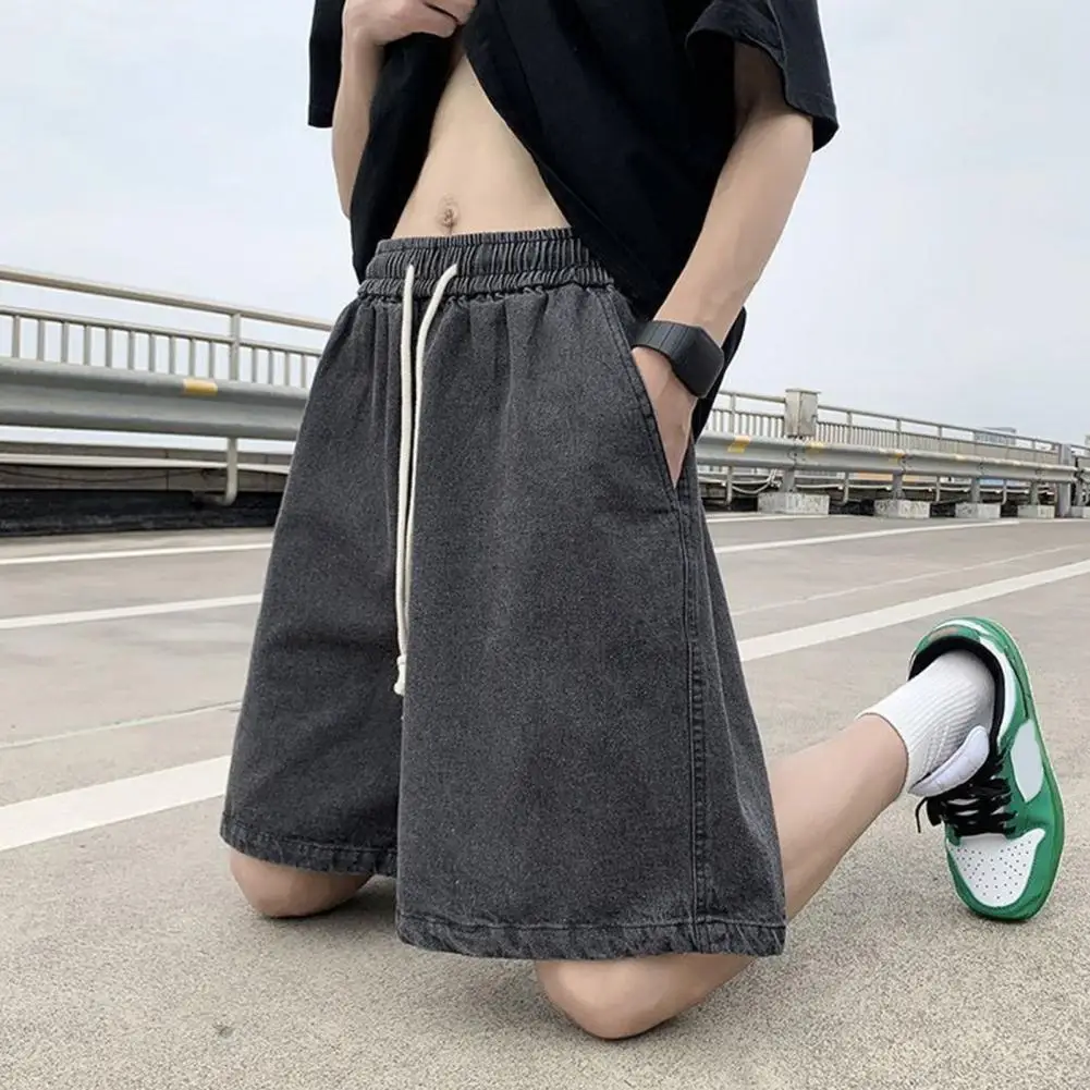 

Men Flattering Shorts Wide Leg Men's Denim Shorts Elastic Waistband Adjustable Drawstring Casual Loose Fit Stylish Thin Washed