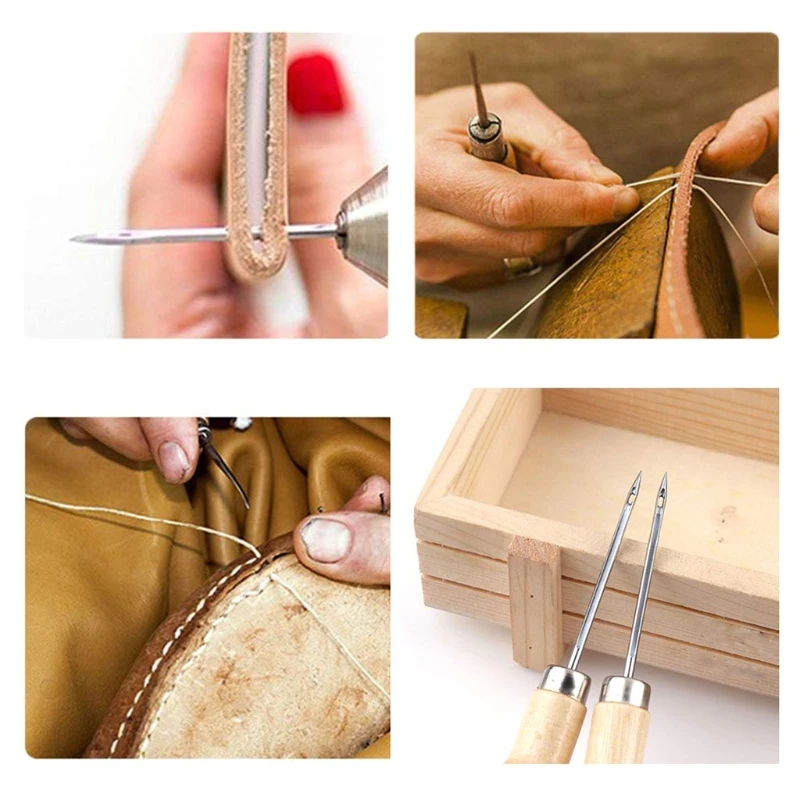 Wooden Handle Shoes Repairing Awl Leather Shoe Sewing Cobbler Tool DIY Craft Repair Hand Stitcher Straight Curved Hook