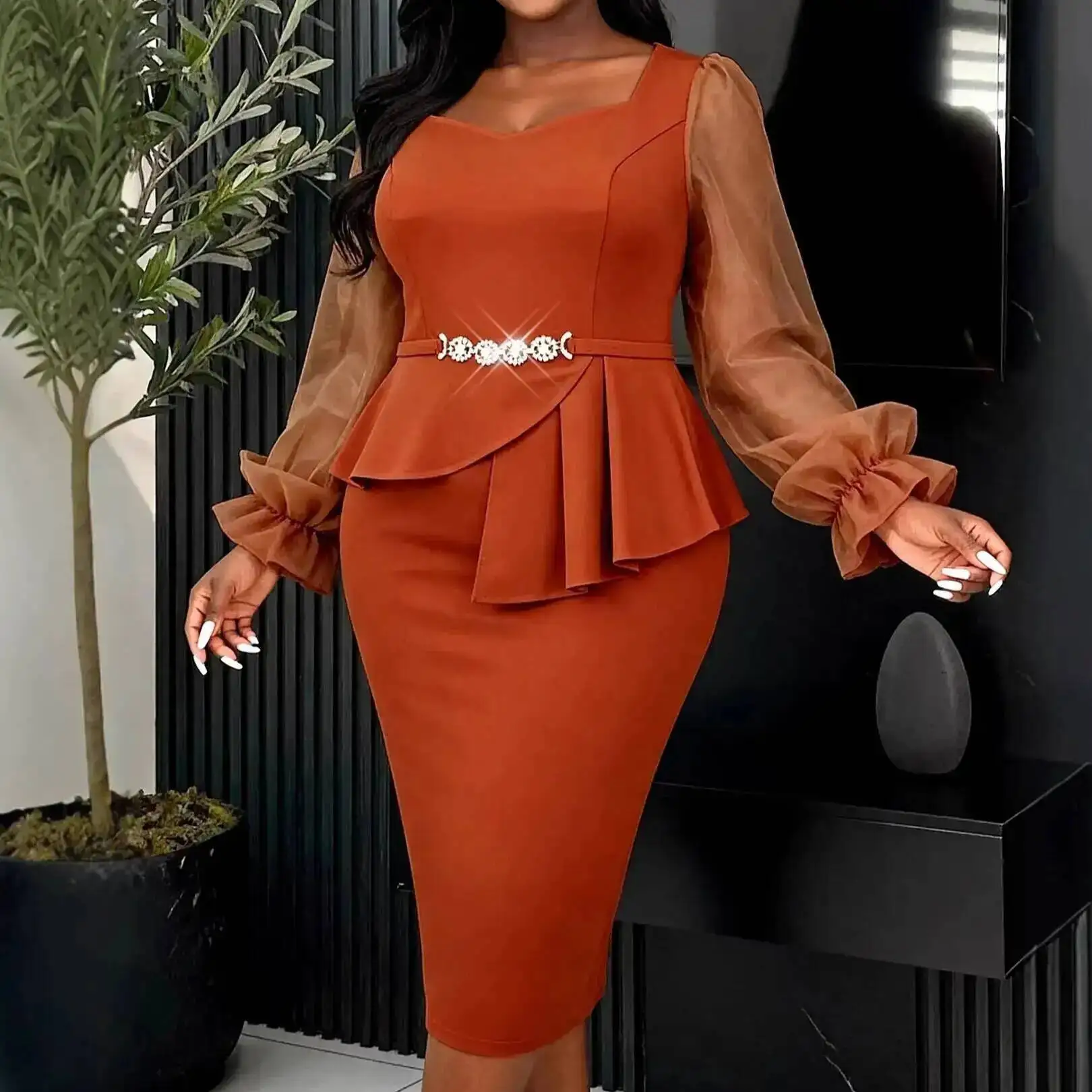 

Patchwork Dress With Ruffled Waistband, Sexy Mesh Sleeves, Elegant Waist-cinching Dress