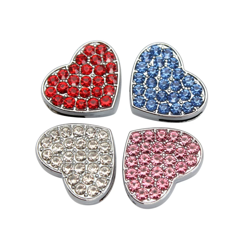 10PC/lot Hole 8MM Full Rhinestones Heart Slide Charm clear pink red blue crystal diy charms Fit For Bracelet Jewelrys Making