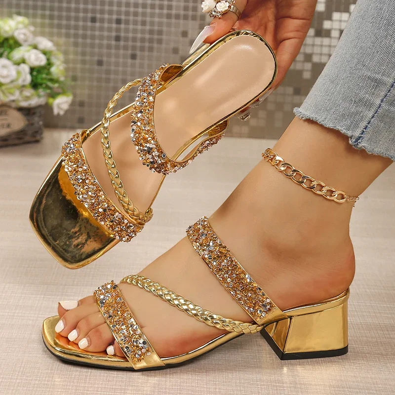 

Luxury Women Sandals Fashion Shiny Crystals Sandals Female Thick Heel Party Shoes Woman Summer Woven Strap High Heeled Sandles