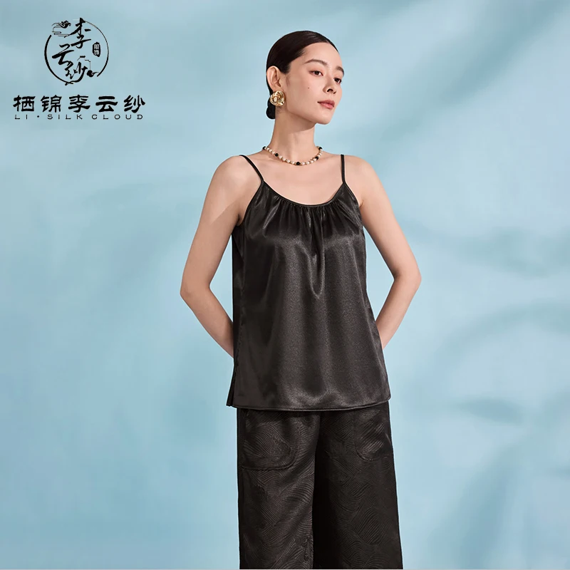 LI SILK CLOUD เสื้อสายเดี่ยว Xiangyunsha สีดําคลาสสิก - ผ้าไหมธรรมชาติ 100% ดีไซน์แขนกุดหรูหรา
