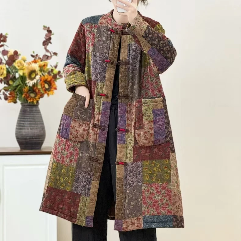 

Женское хлопковое пальто свободного кроя в стиле ретро в китайском стиле с застежкой на пуговицы, хлопковое пальто средней длины с цветочным узором