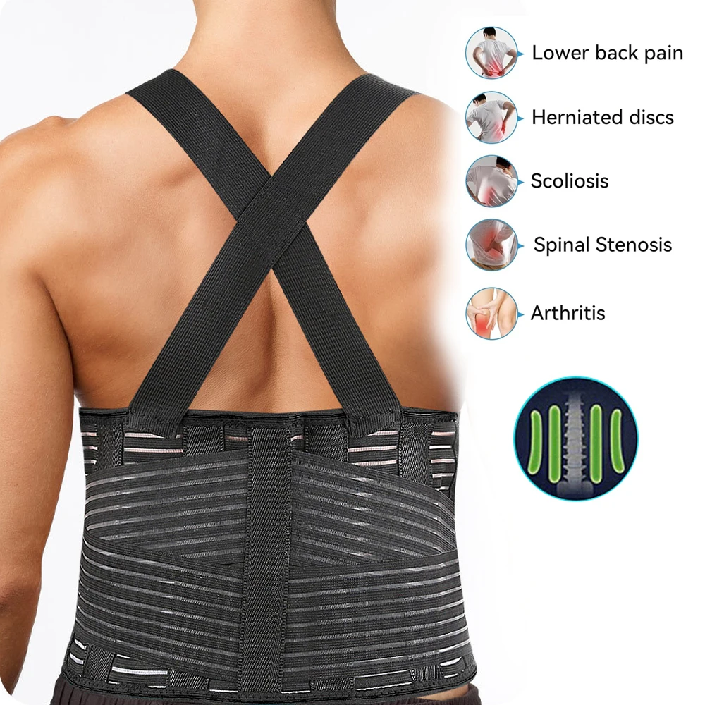 Trabalhando lombar Lower Back Brace, cinto de suporte com alças ajustáveis, alívio das dores nas costas, recuperação de lesões, suporte de