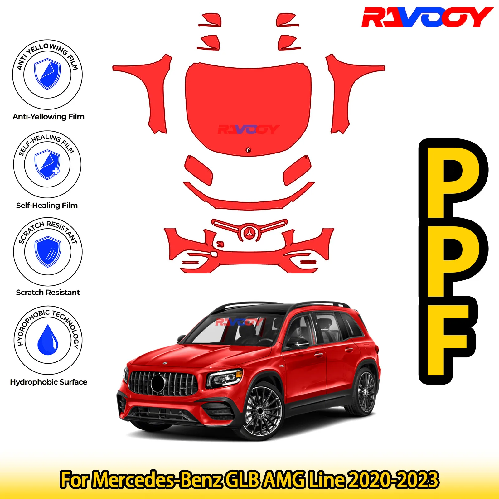 

Для Mercedes-Benz GLB AMG Line 2020-2023 глянцевая матовая черная предварительно вырезанная передняя защитная пленка PPF Kit