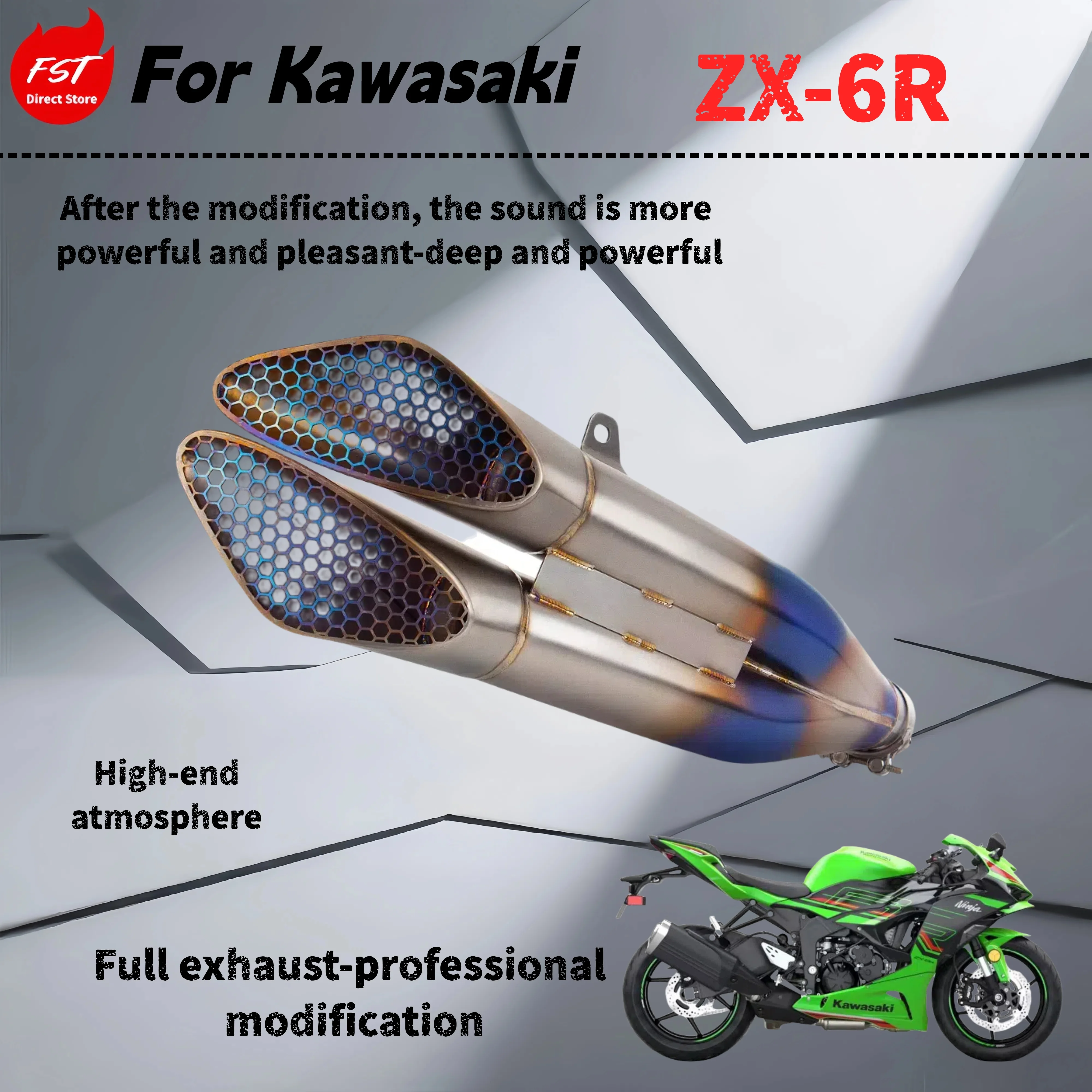 

For Kawasaki ZX6R - modified mid-tail exhaust pipe - the sound is deep, rich and powerful