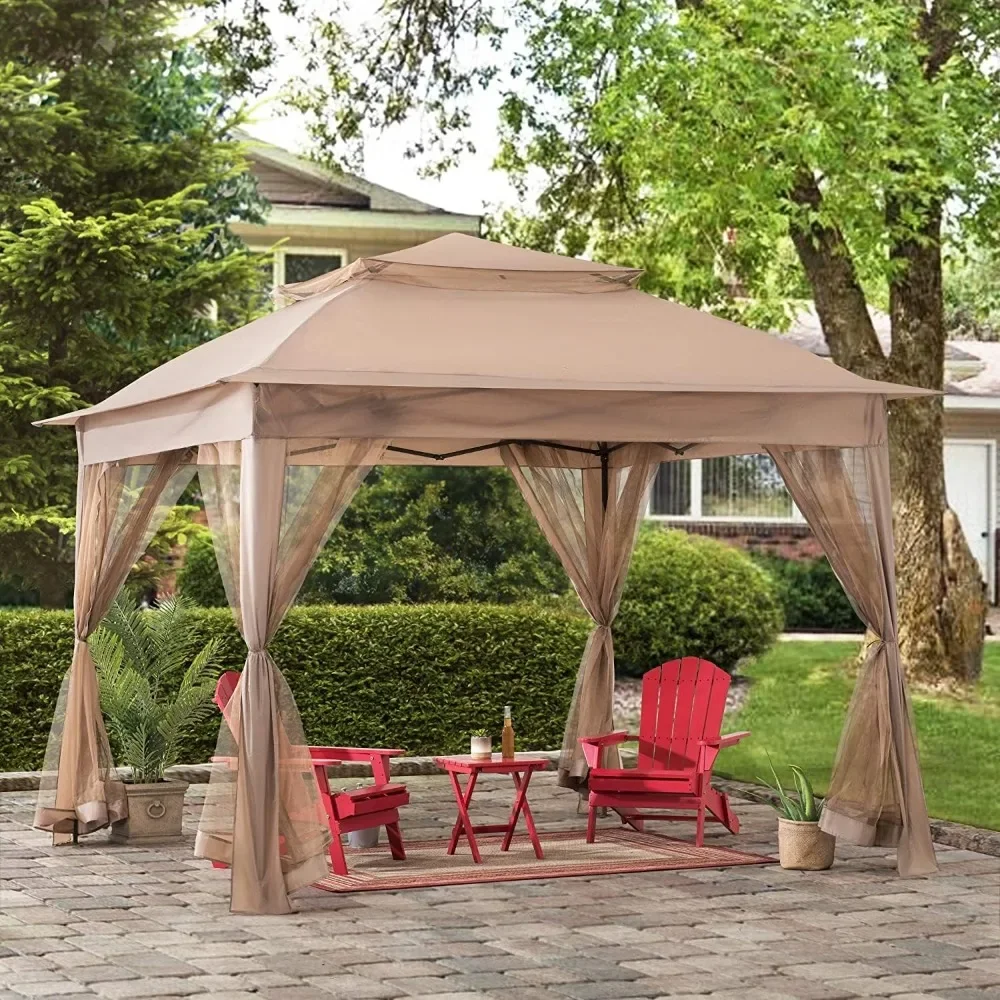 11x11 ft. Pop-Up Instant Gazebo, Outdoor Portable Steel 2-Tier Top Canopy/Tent with Netting and Carry Bag, Patio Umbrellas Tents