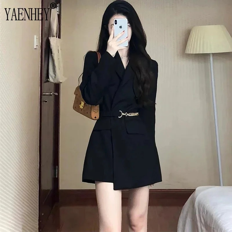 Vintage Notched Parkas Women Clothing Black Windbreaker Coat with Belt for Woman Thick Chic Overcoat Female Dress Korean Winter