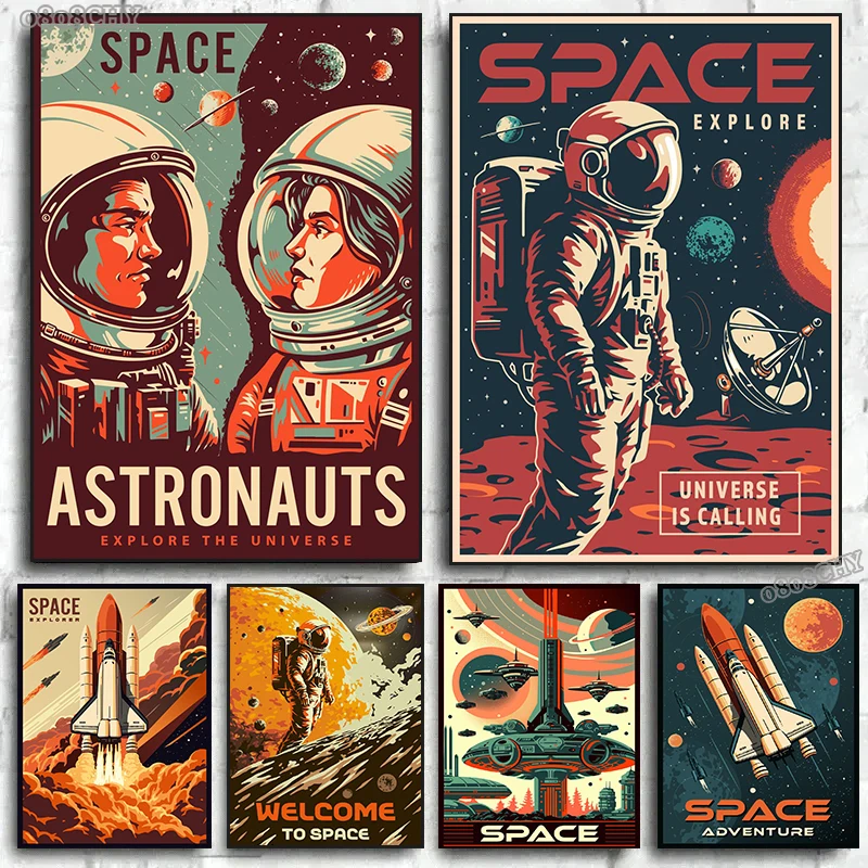 Vintage Space Astronauts Rocket Ufo Aliens Spacecraft Canvas Painting Posters and Prints Retro Space Wall Art Picture Home De