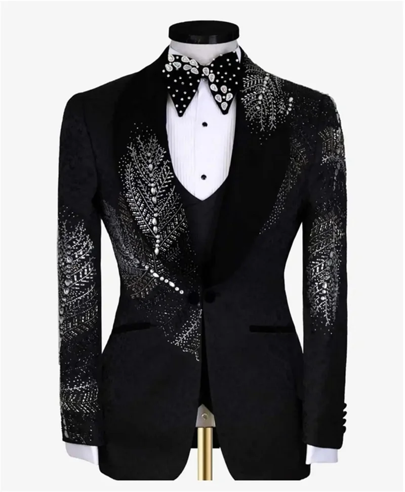 

Beaded Black Men Suits Set 2 Pieces Blazer+ Pants Trousers Wedding Tuxedos Jacket Formal Business Office Male Cotton Coat