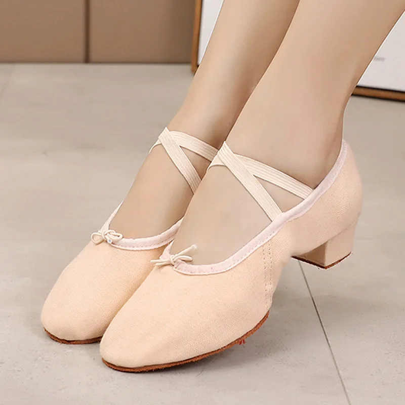 Scarpe da ballo da donna con tacco 3 cm Suola morbida in tela Comode scarpe da ballo elastiche resistenti all'usura leggere e traspiranti