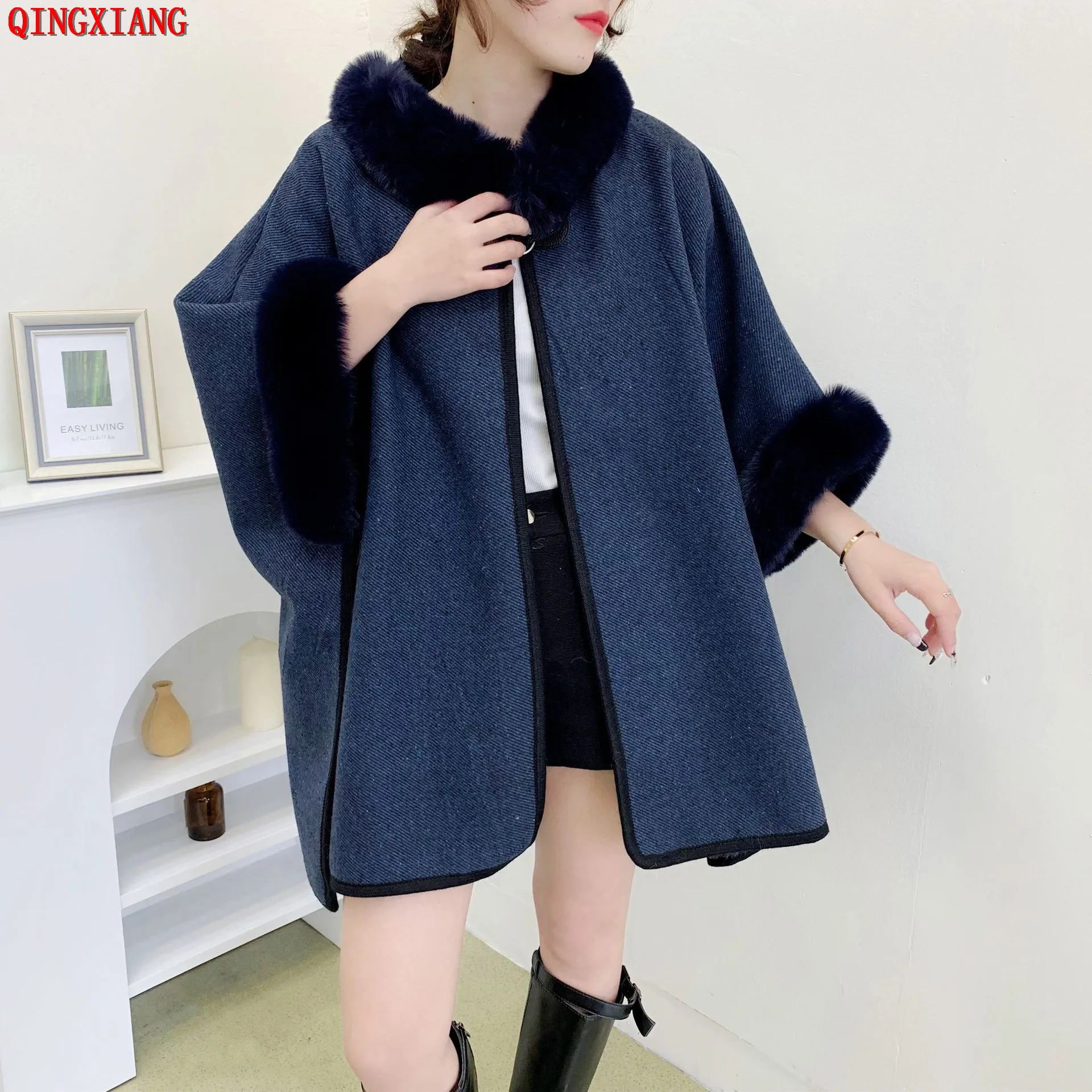 

6 Colors Women Horn Buckle Loose Poncho Long Overcoat Winter Big Pendulum Velvet Warm Faux Fur Neck Batwing Sleeves Streetwear