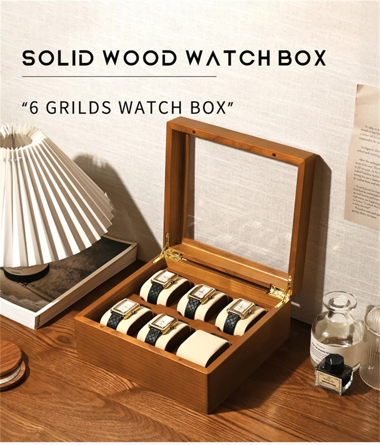 Oirlv Wood Watch Storage Box Delicate Dustproof Glass Cover Watch Box Wristwatch Collection Box Display Storage 6-Gird Watch Box
