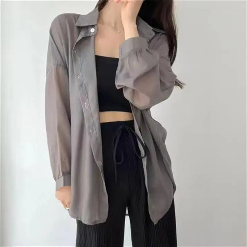 7 Colors Shirts Women Sheer Thin Chic Summer Simple Solid Sun-proof Tops Fashion Baggy All-match Basic Korean Style Sexy Clothes