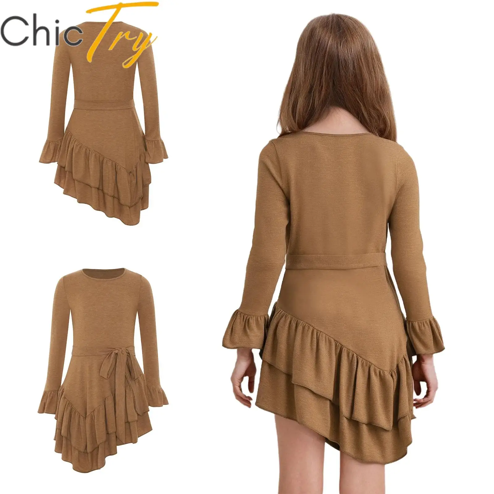 

Kids Girls Western Cowgirl Costume Halloween Dresses Casual Round Neck Long Sleeve Ruffle Irregular Hem Midi Dress with Belt