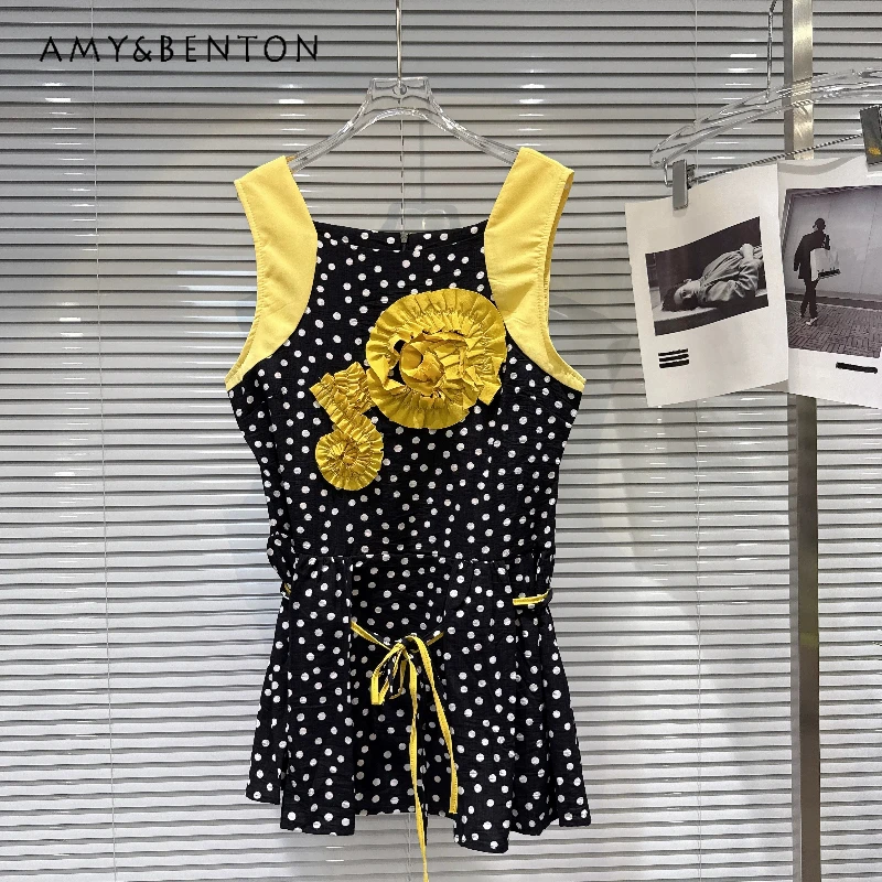

Personalized Three-dimensional Flower Polka Dot Pattern Women's Vest Dress 2026 New Yellow Black Splicing Short Dresses Ladies