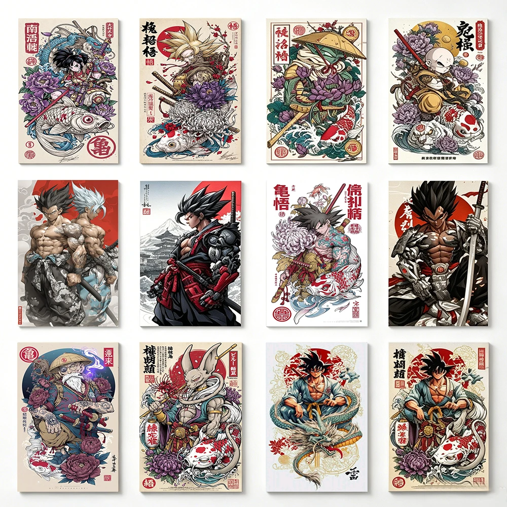 Lienzo Decorativo Japonés Ukiyo E Dragon Ball, Póster de Anime con Goku, Vegeta, Maestro Roshi y Krillin, Decoración con Tatuajes de Dragón para Sala de Juegos o Dormitorio