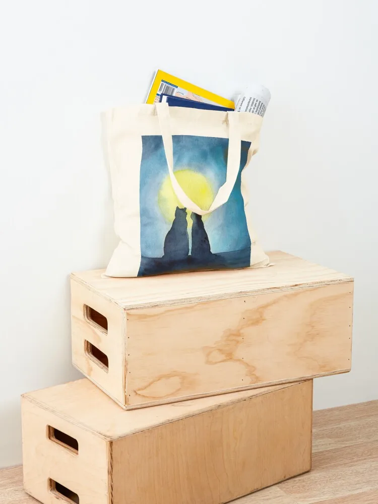 قطتان وقمر كامل حمل حقيبة تسوق أكياس عربة التسوق أكياس كبيرة الحجم للمتسوقين #4