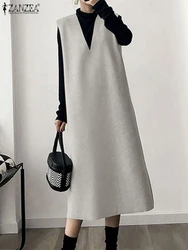 ZANZEA Women Solid Apron Dress 2023 Winter Sleeveless Suspender Skirt Fashion V-neck Long Robe Vintage Corduroy Dress Oversized